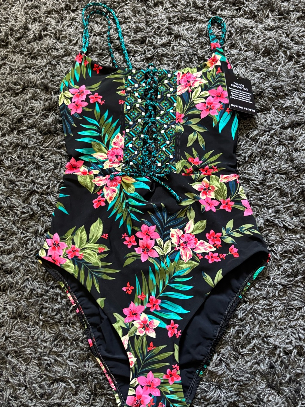 Boston Proper Tropical Lace-Up Plunge One-Piece Swimsuit